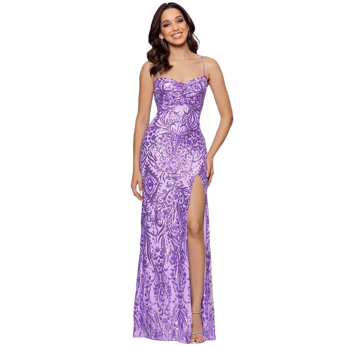 Open Video Modal for Juniors Blondie Nites Damask Sequin Sheath Dress with Slit