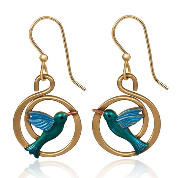 Silver Forest Gold-Tone Coil Earrings with a Blue Hummingbird - image 