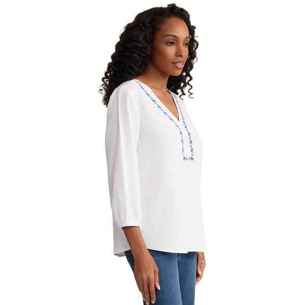 Petite Jones New York 3/4 Sleeve Embroidered Trim Linen Blouse