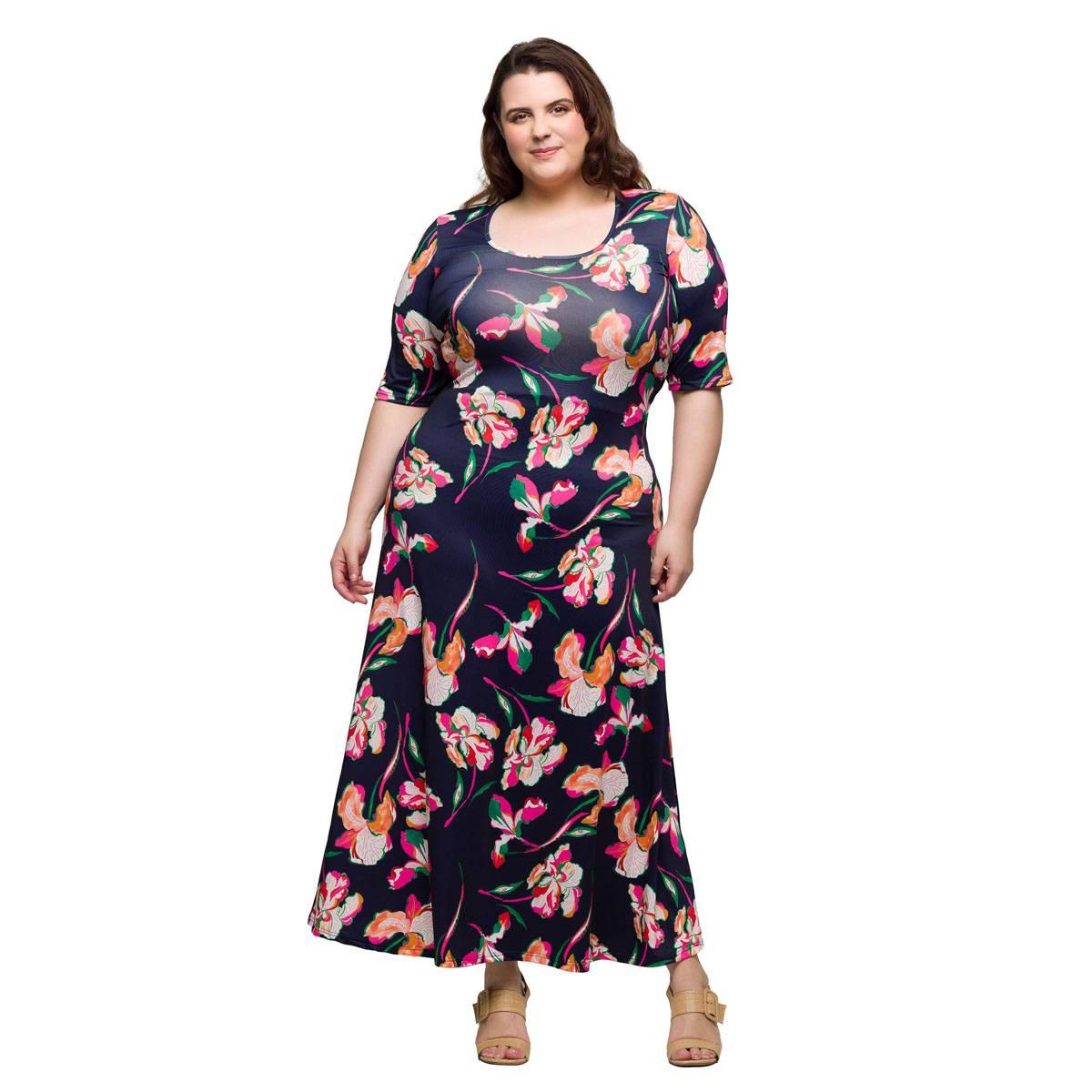 Plus Size 24/7 Comfort Apparel Navy Floral A-Line Maxi Dress