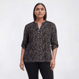Plus Size Notations 3/4 Sleeve Abstract Pleated Henley Blouse