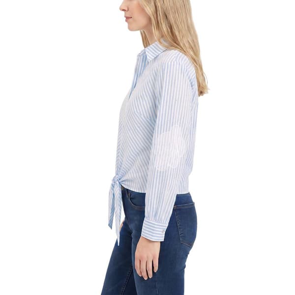 Womens NY Collection Long Embroidery Sleeve Stripe Tie Hem Blouse