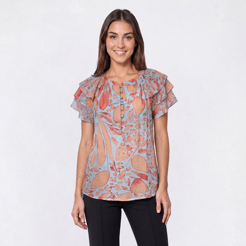 Womens Hope & Harlow Short Tiered Sleeve Abstract Blouse - image 