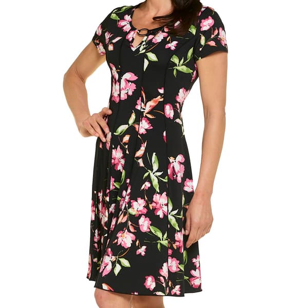 Womens Sami & Jo Short Sleeve Keyhole Neck Floral A-Line Dress