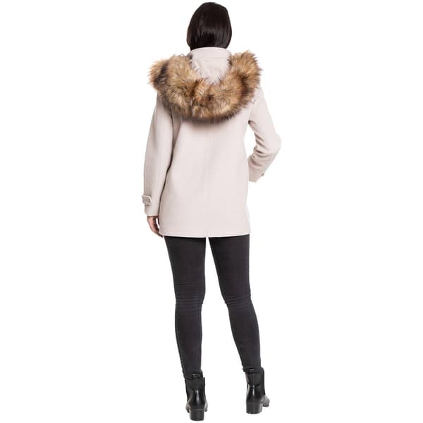 Womens Nine West Hooded Wool Blend Toggle Coat with Faux Fur Trim