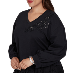 Plus Size Ruby Rd. Mysterious Romance Lace Trim V-Neck Blouse