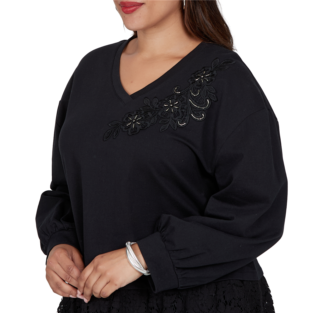 Plus Size Ruby Rd. Mysterious Romance Lace Trim V-Neck Blouse