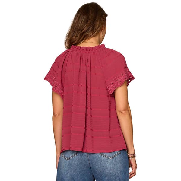 Plus Size Democracy Short Sleeve Ruffle Split Neck Woven Blouse