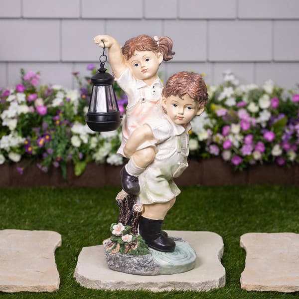 Northlight Seasonal LED Solar Boy & Girl w/ Lantern Garden Statue