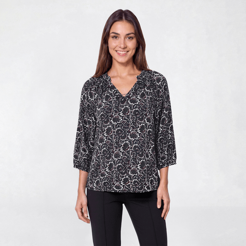 Petite Architect(R) 3/4 Sleeve Ruffle Neck Floral Blouse - image 