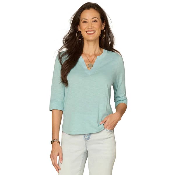 Womens Democracy Elbow Sleeve Split Neck Shirttail Hem Tee - image 