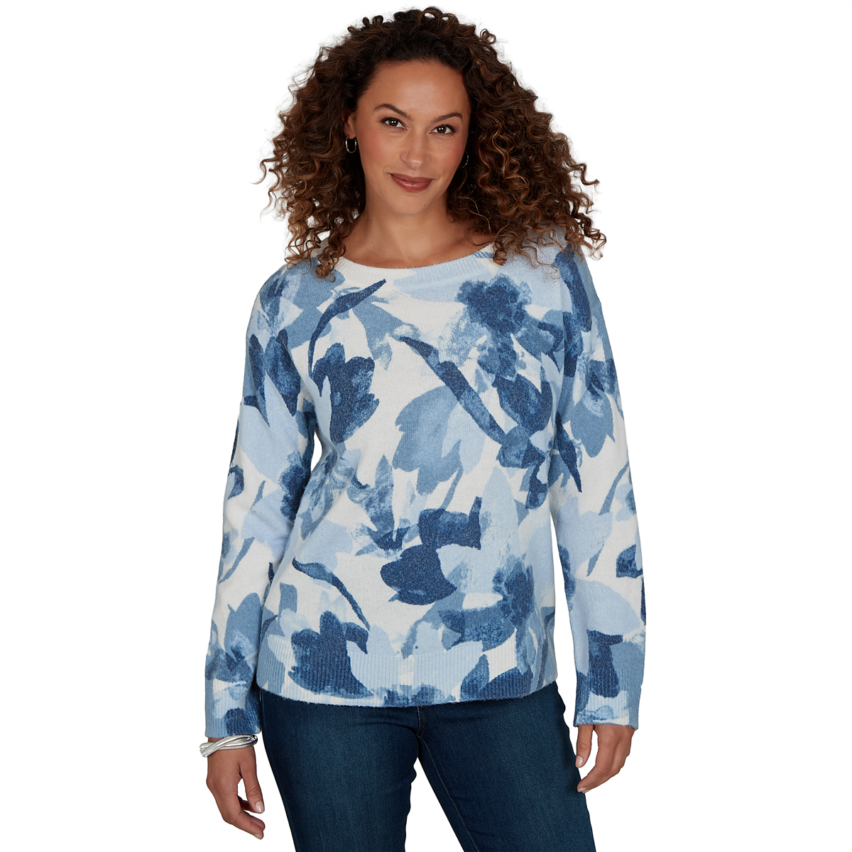 Womens Skyes the Limit Icy Blue Sparkle Abstract Floral Sweater