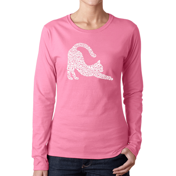 Womens LA Pop Art Stretching Cat - Word Art Long Sleeve T-Shirt - image 