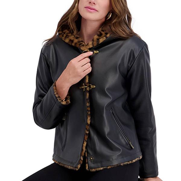 Womens Kensie Faux Fur Leopard Faux Leather Jacket