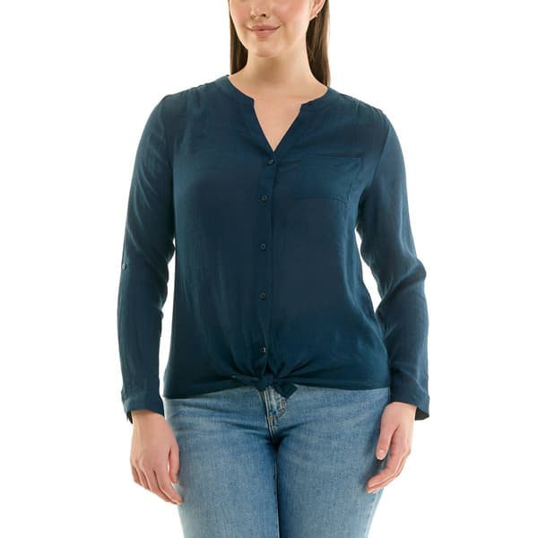Womens Zac & Rachel Roll Sleeve Tie Front Solid Slub - image 