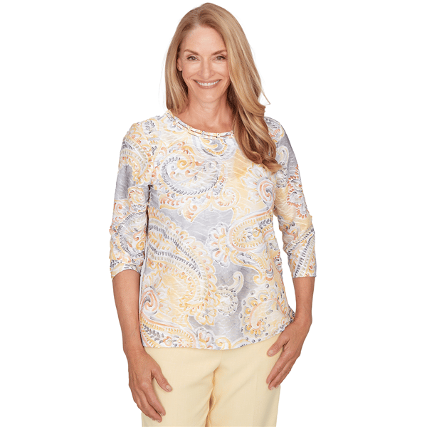 Petites Alfred Dunner Al Fresco Paisley Printed Patch Knit Top - image 