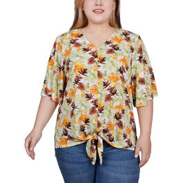 Plus Size NY Collection Elbow Sleeve Tie Front Crepe Top - Lemon