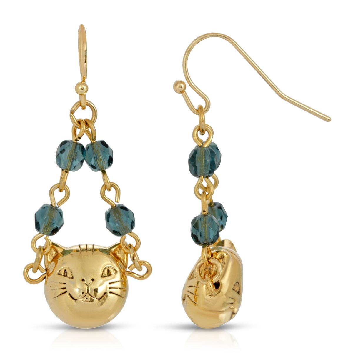 1928 14kt. Gold Dipped Cat Face Blue Beaded Drop Earrings