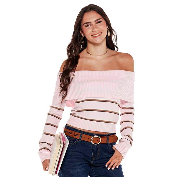 Juniors Pink Rose Jersey Marilyn Pullover Sweater - Stripes - image 