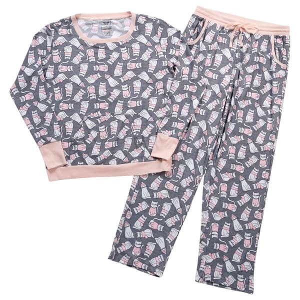 Juniors Pillow Talk Long Sleeve Cats Pants Pajama Set - image 