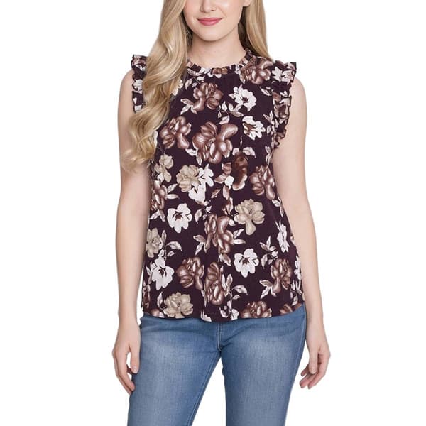 Petite NY Collection Ruffle Trim Collar Brown Floral Blouse - image 