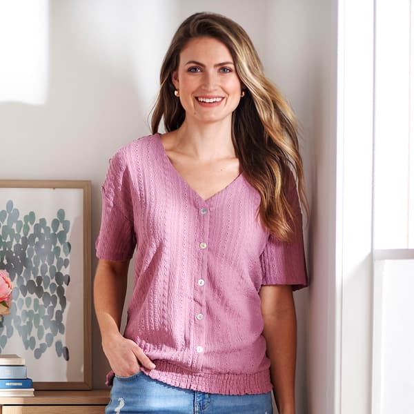 Womens Absolutely Famous Short Sleeve Eyelet Smocked Hem Blouse - image 
