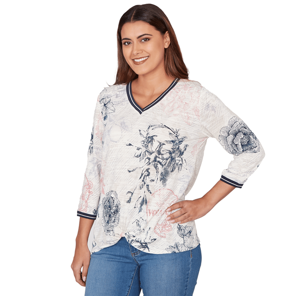 Womens Ruby Rd. Jetsetter Floral Stamp Front Knot Blouse