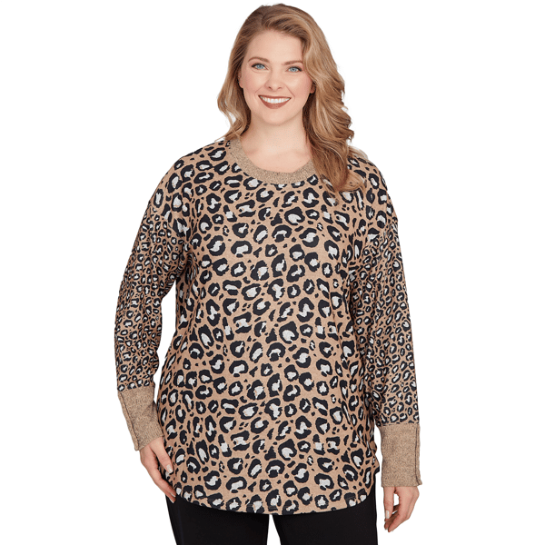Women''s Ruby Rd. Cozy Time Sweater Trimmed Cozy Animal Print Top - image 