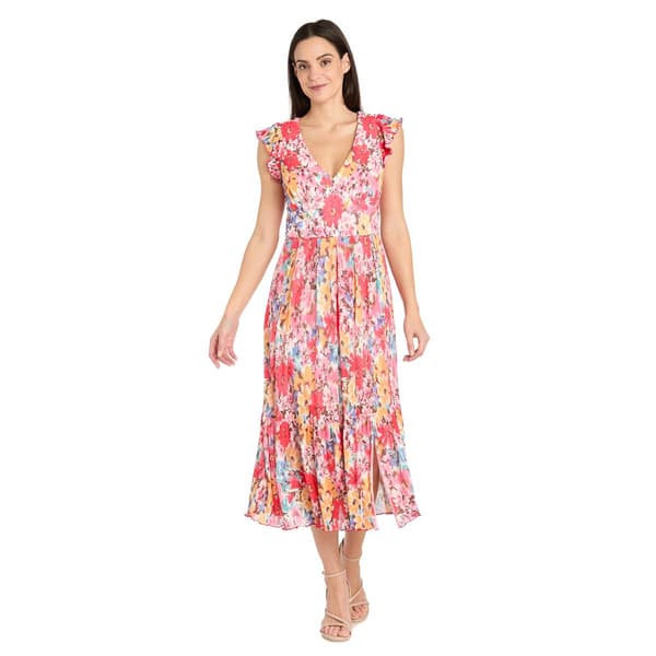 Petite R&M Richards Flutter Sleeve V-Neck Floral Pleated Dress
