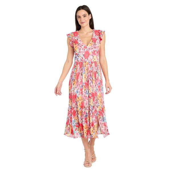 Petite R&M Richards Flutter Sleeve V-Neck Floral Pleated Dress - image 