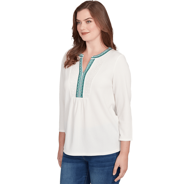 Petite Ruby Rd. Fall Flair Split Neck Geometric Embroidery Blouse