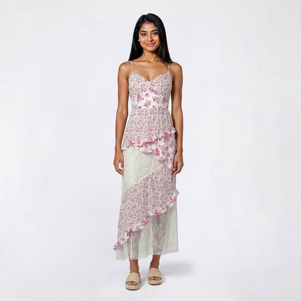Juniors Trixxi Print Milan Lace Mix Media Midi Ruffle Trim