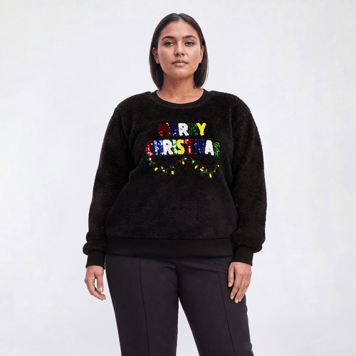Plus Size Inner Circle Merry Christmas Sequin Sherpa Sweatshirt