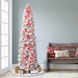 Puleo International 7.5ft. Red Pre-Lit Flocked Christmas Tree