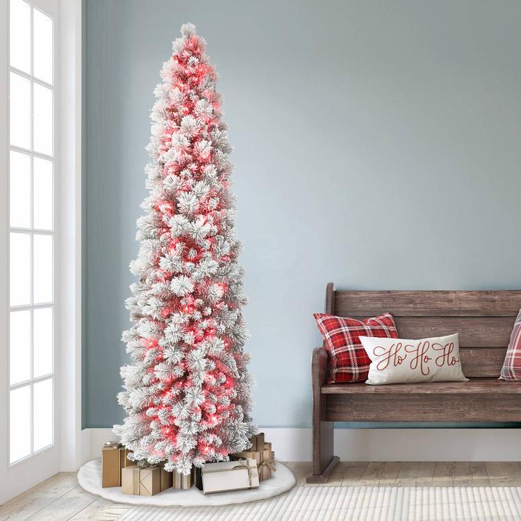 Puleo International 7.5ft. Red Pre-Lit Flocked Christmas Tree