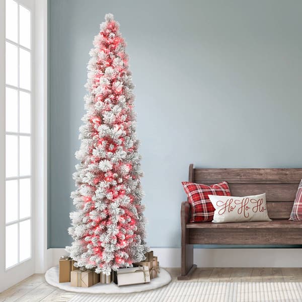 Puleo International 7.5ft. Red Pre-Lit Flocked Christmas Tree
