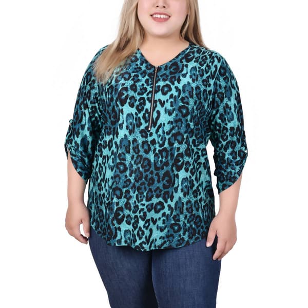 Plus Size Ny Collection 3 4 Roll Sleeve Cheetah Jacquard Top Boscovs