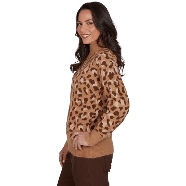 Womens Hearts of Palm Berry Fabulous Mock Neck Leopard Sweater