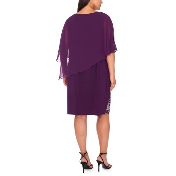 Plus Size MSK Solid Floral Rose Bead Trim Shift Dress w/ Capelet