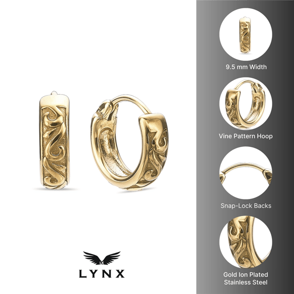 Mens Lynx Gold-Tone Ion Plated Stainless Steel Hoop Earrings