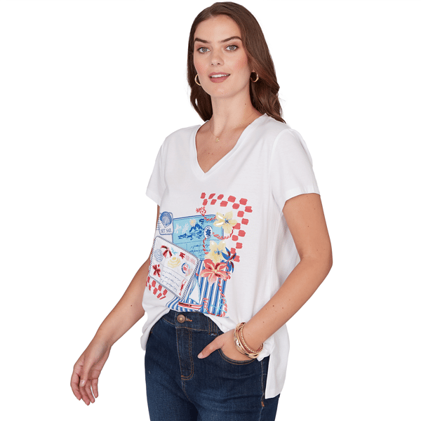 Womens Ruby Rd. Set Sail Short Sleeve Postcard Graphic Tee