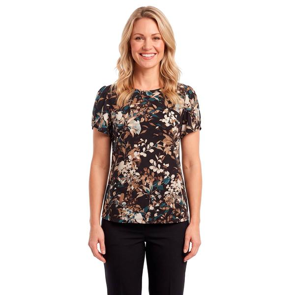 Womens AK Anne Klein Short Tulip Sleeve Floral Leaf Blouse