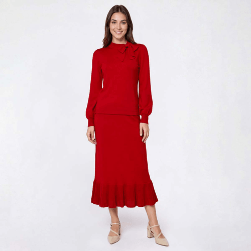 Womens Nina Leonard Long Sleeve Tie Neck Sweater & Skirt Set