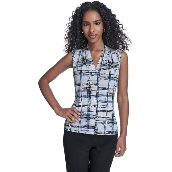 Womens Calvin Klein Sleeveless V Neck Geometric Abstract Blouse