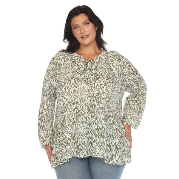 Plus Size White Mark Long Sleeve Tie Neckline Animal Blouse - image 