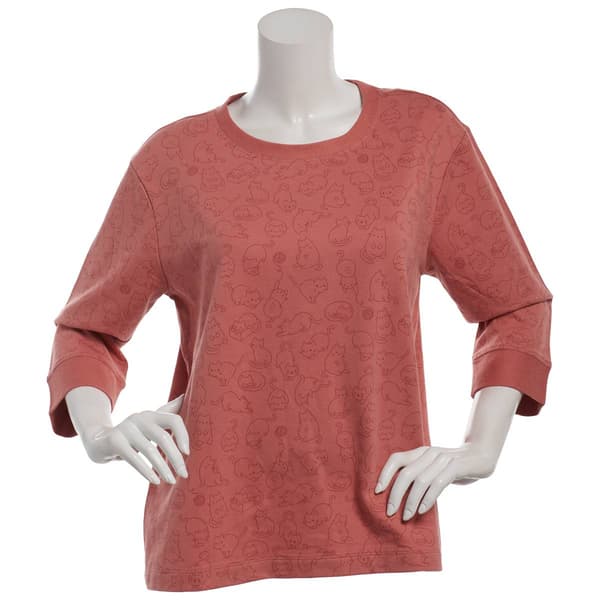 Petite Bonnie Evans Cats 3/4 Sleeve French Terry Sweater - image 