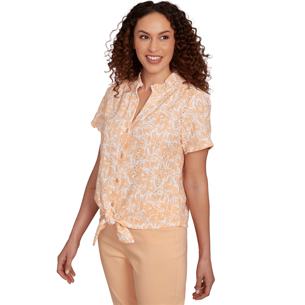 Womens Hearts of Palm Peachy Keen Floral Tie Front Blouse