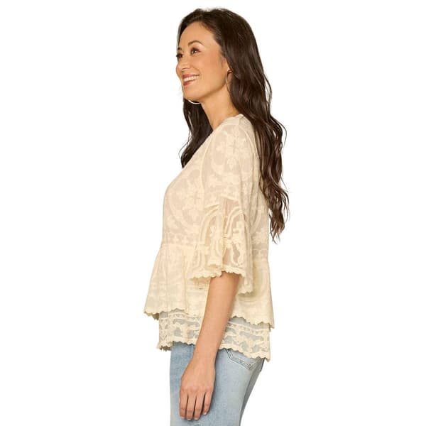 Womens Democracy 3/4 Bell Sleeve Embroidered Peplum Blouse