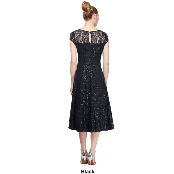 Womens SLNY Cap Sleeve Sequin Lace Tea Length Midi Dress