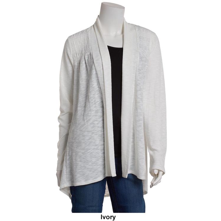 Plus Size Cure Open Front Solid Smocked Yoke Cardigan